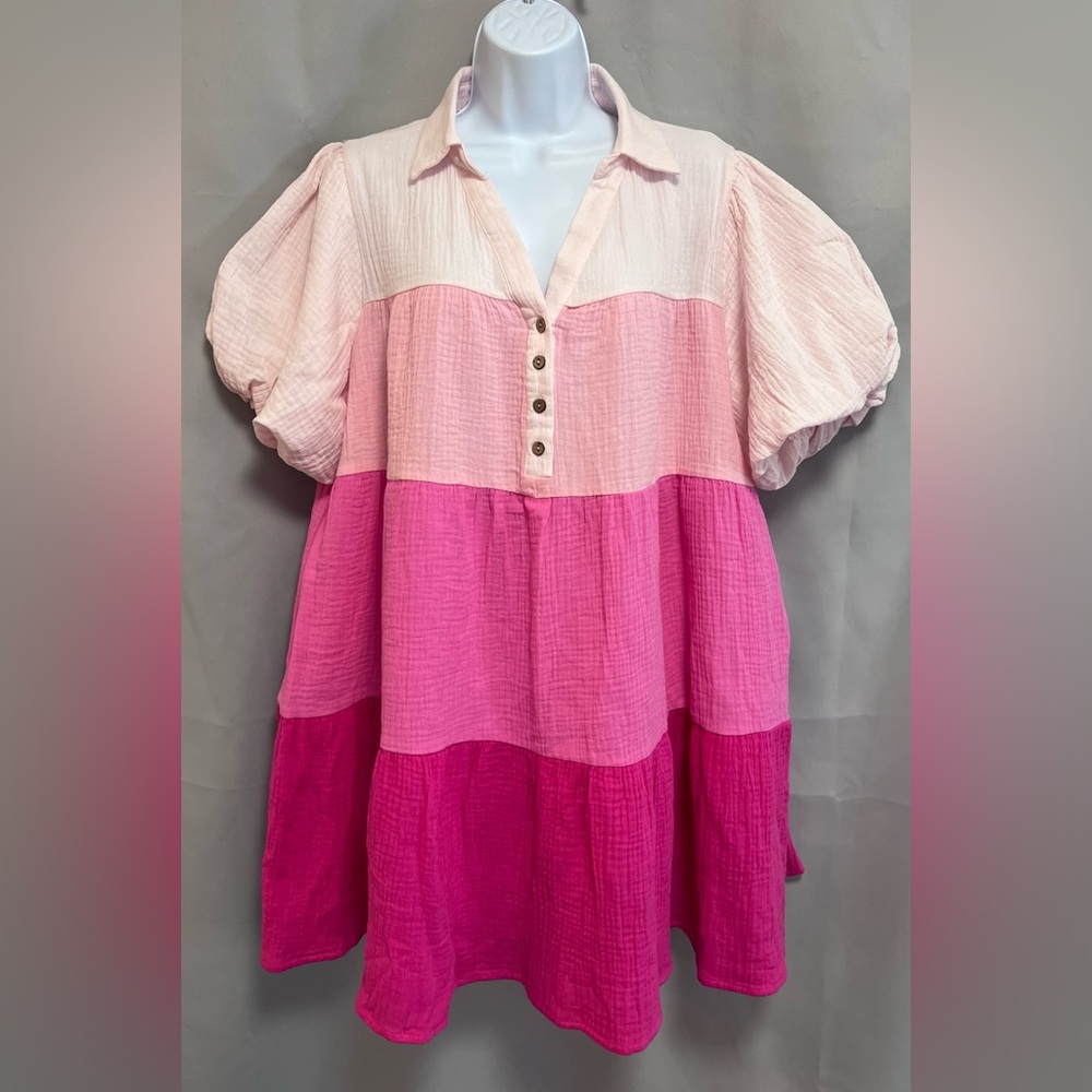 Peach Love California Women’s Pink Striped Puff Sleeve Mini Dress Sz‎ Large